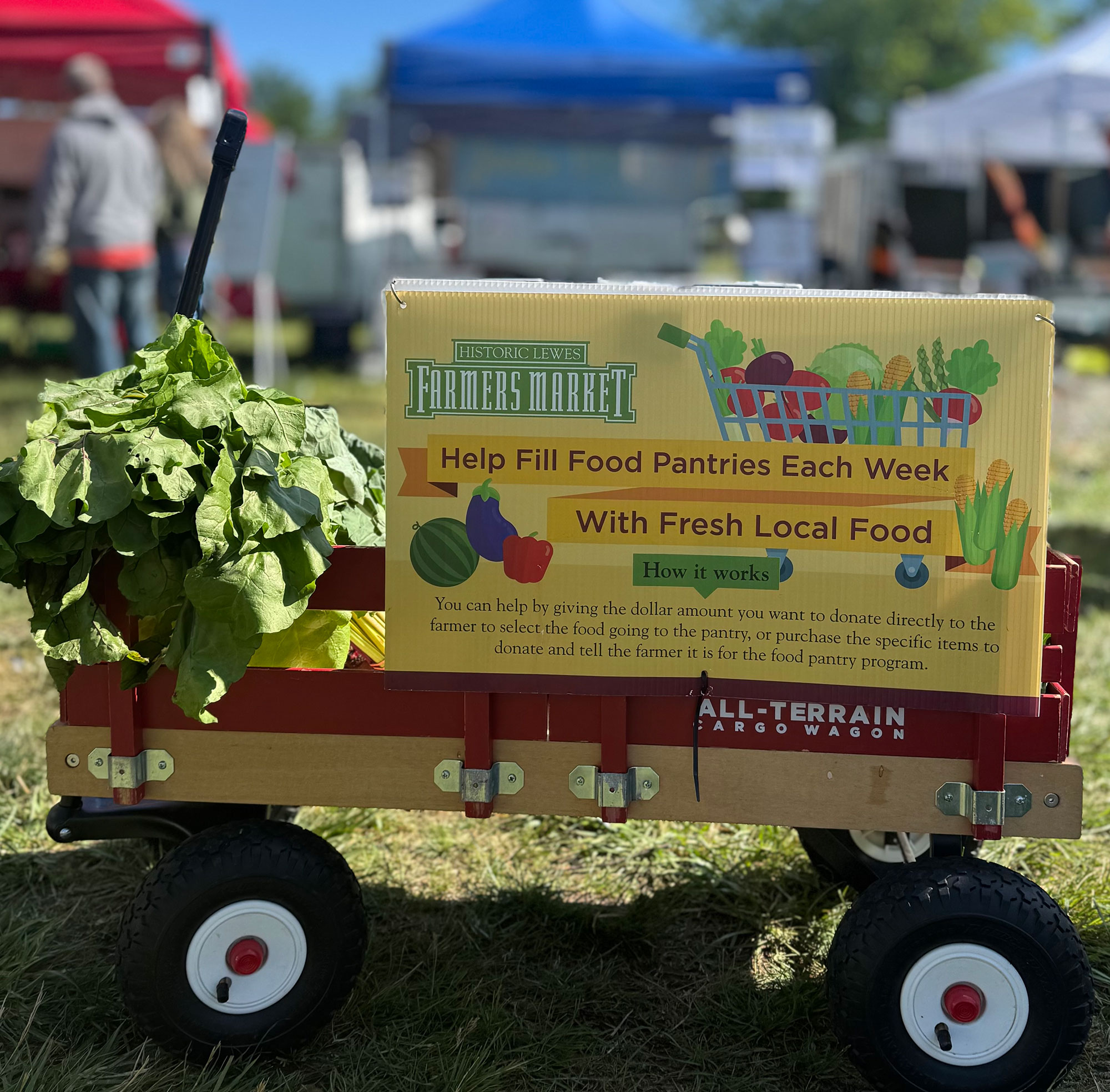 A wagon filled with fresh veggies with a Historic Lewes Farmers Market sign that says "Help Fill Food Pantries Each Week with Fresh Local Food"