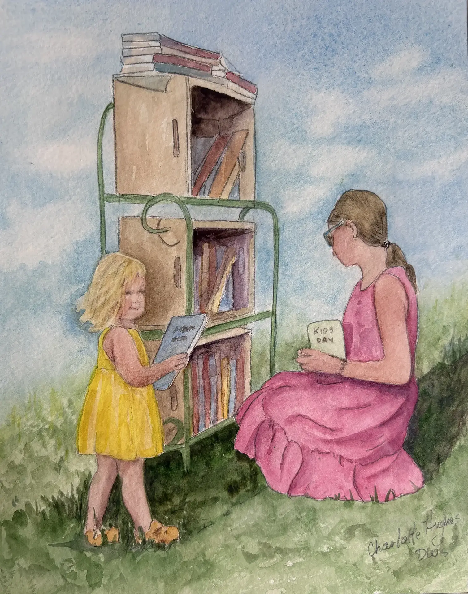 Plein air marketing painting of mother and daughter